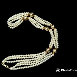 15" STUNNING! Napier Faux Pearl Necklace w 6 Gold-tone Beads/Spheres